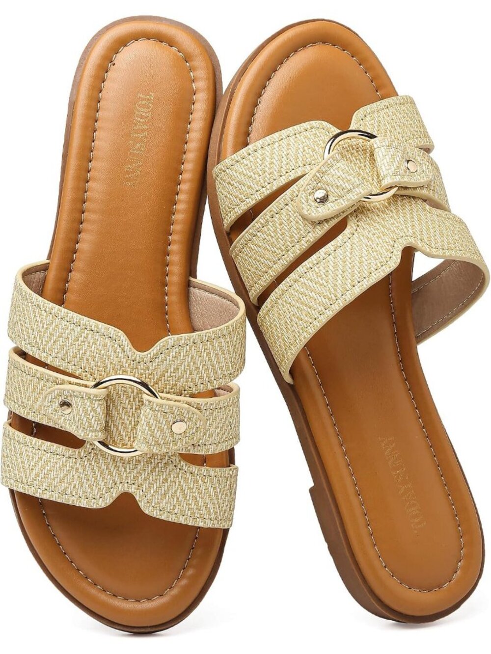 Women's Raffia Leather Summer Comfortable Open Toe Slip On Beach Flat Sandals